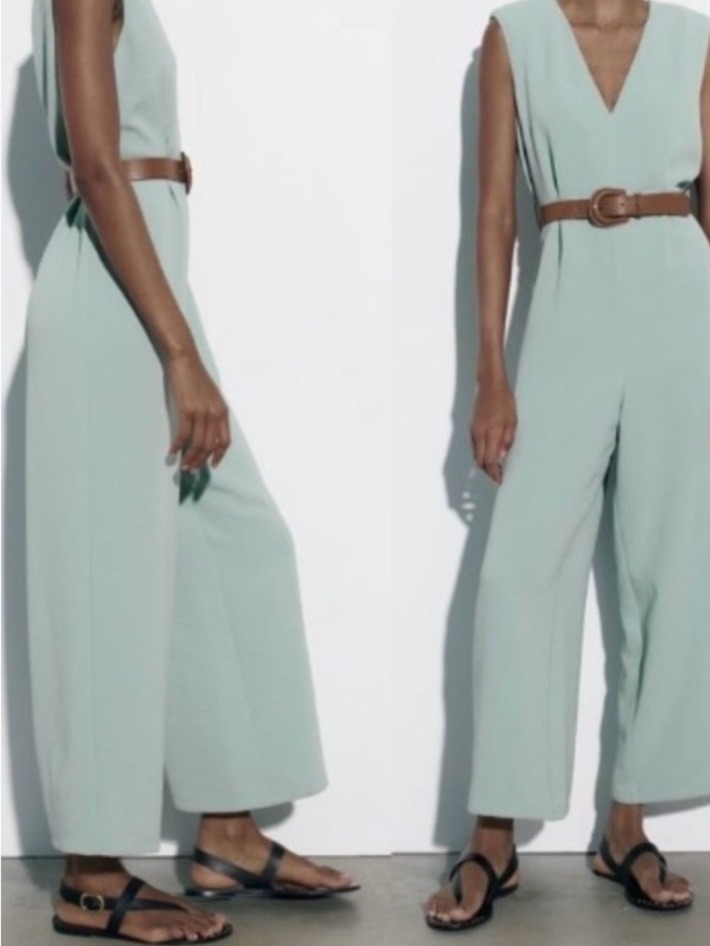 Zara Sleeveless V-Neck Wide-Leg Jumpsuit in Mint Green with Brown Belt